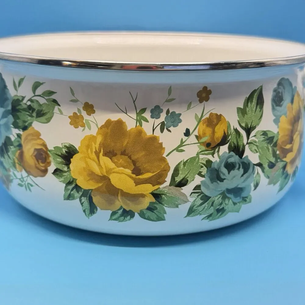 Pioneer Woman Floral Enamel Casserole Pot w Lid Green Blue Yellow Roses 2813JOC